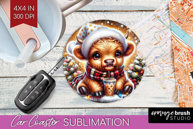Christmas Car Coaster PNG - Highland Cow Coaster Sublimatoin Sublimation OrangeBrushStudio 