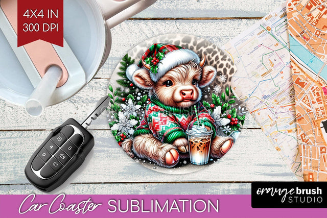 Christmas Car Coaster PNG - Highland Cow Coaster Sublimatoin Sublimation OrangeBrushStudio 