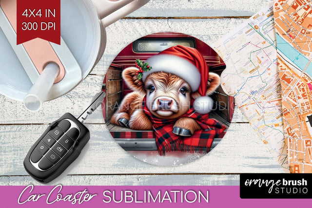 Christmas Car Coaster PNG - Highland Cow Coaster Sublimatoin Sublimation OrangeBrushStudio 