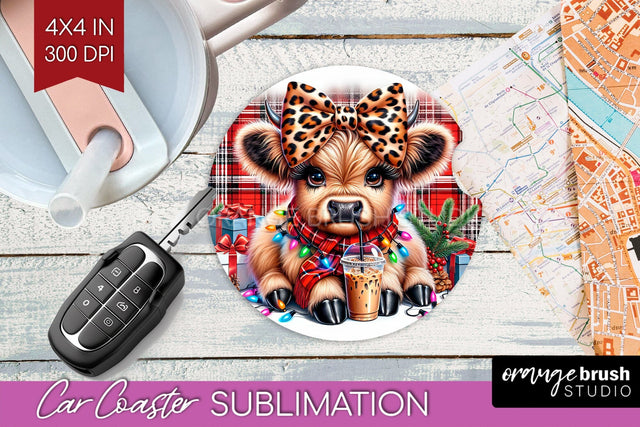 Christmas Car Coaster PNG - Highland Cow Coaster Sublimatoin Sublimation OrangeBrushStudio 