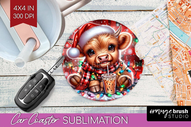 Christmas Car Coaster PNG - Highland Cow Coaster Sublimatoin Sublimation OrangeBrushStudio 