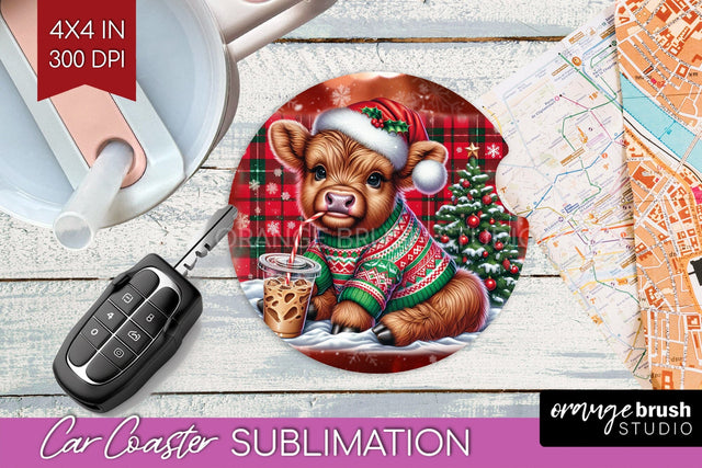 Christmas Car Coaster PNG - Highland Cow Coaster Sublimatoin Sublimation OrangeBrushStudio 