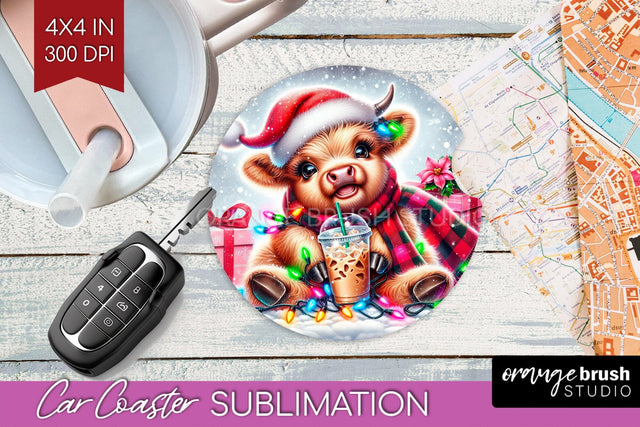 Christmas Car Coaster PNG - Highland Cow Coaster Sublimatoin Sublimation OrangeBrushStudio 