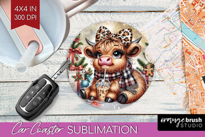Christmas Car Coaster PNG - Highland Cow Coaster Sublimatoin Sublimation OrangeBrushStudio 