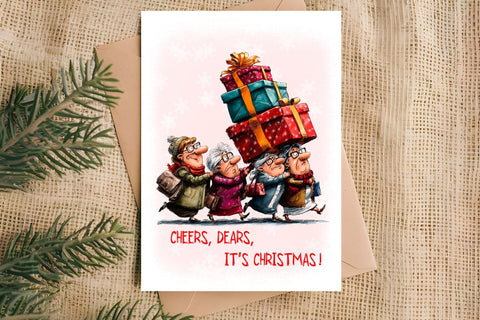Christmas card design Elderly ladies Holiday shopping Sublimation Angelina Semenova 