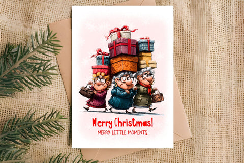 Christmas card design Elderly ladies Holiday shopping Sublimation Angelina Semenova 