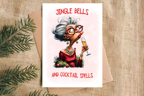 Christmas card design Funny elderly lady drinking wine Sublimation Angelina Semenova 