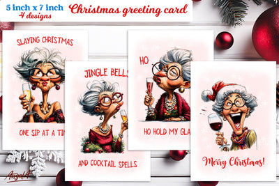 Christmas card design Funny elderly lady drinking wine Sublimation Angelina Semenova 