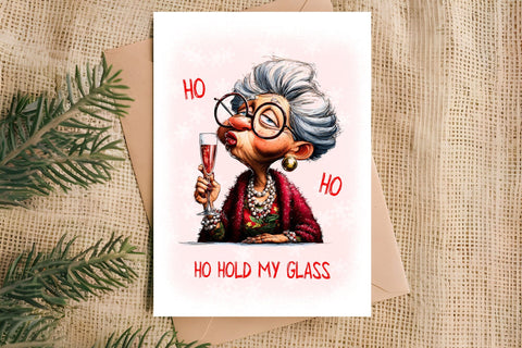 Christmas card design Funny elderly lady drinking wine Sublimation Angelina Semenova 