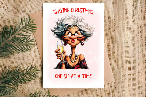 Christmas card design Funny elderly lady drinking wine Sublimation Angelina Semenova 