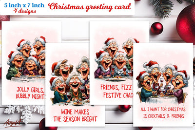 Christmas card design Funny elderly lady with best friends Sublimation Angelina Semenova 