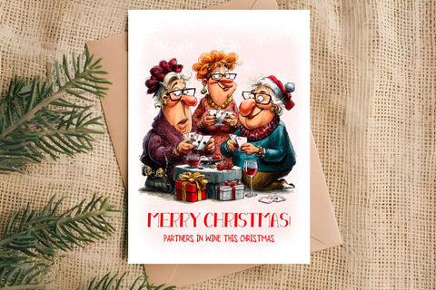 Christmas card design Funny elderly lady with best friends Sublimation Angelina Semenova 