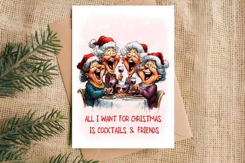 Christmas card design Funny elderly lady with best friends Sublimation Angelina Semenova 