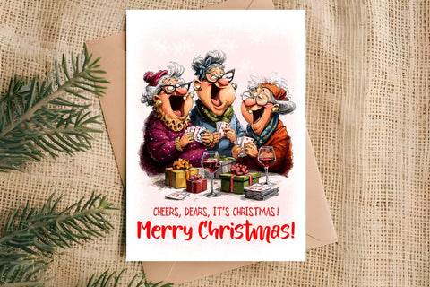 Christmas card design Funny elderly lady with best friends Sublimation Angelina Semenova 