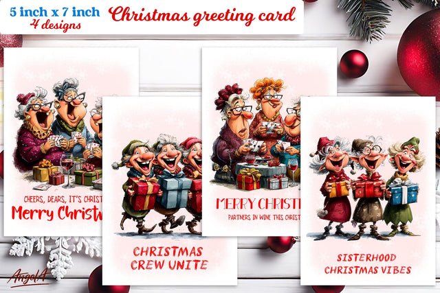 Christmas card design Funny elderly lady with best friends Sublimation Angelina Semenova 