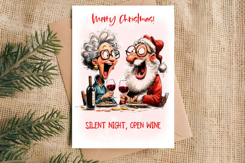 Christmas card design Funny elderly lady with Santa Claus Sublimation Angelina Semenova 