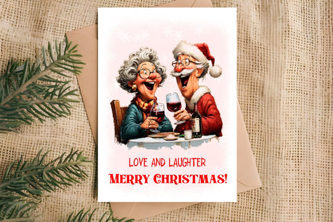 Christmas card design Funny elderly lady with Santa Claus Sublimation Angelina Semenova 