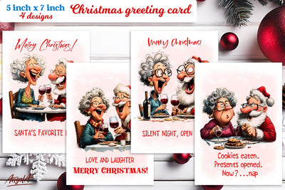 Christmas card design Funny elderly lady with Santa Claus Sublimation Angelina Semenova 