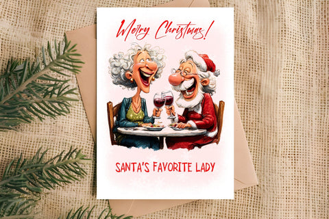 Christmas card design Funny elderly lady with Santa Claus Sublimation Angelina Semenova 