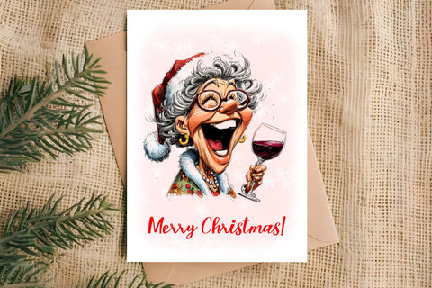 Christmas card design Funny elderly lady with wine glass PNG Sublimation Angelina Semenova 