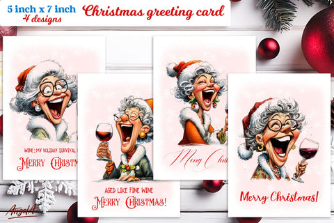 Christmas card design Funny elderly lady with wine glass PNG Sublimation Angelina Semenova 