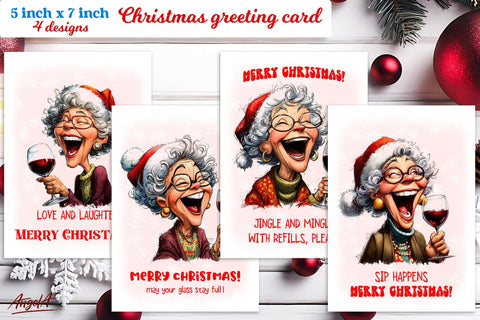 Christmas card design Funny elderly lady with wine glass PNG Sublimation Angelina Semenova 