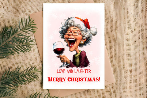 Christmas card design Funny elderly lady with wine glass PNG Sublimation Angelina Semenova 