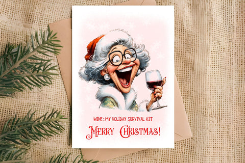 Christmas card design Funny elderly lady with wine glass PNG Sublimation Angelina Semenova 