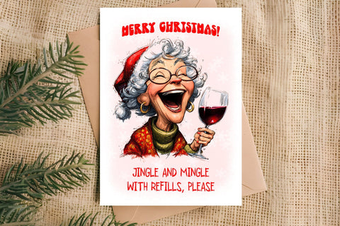 Christmas card design Funny elderly lady with wine glass PNG Sublimation Angelina Semenova 