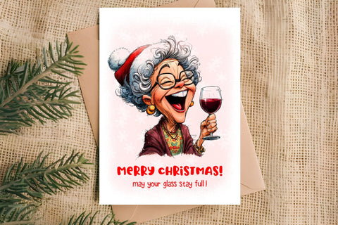 Christmas card design Funny elderly lady with wine glass PNG Sublimation Angelina Semenova 