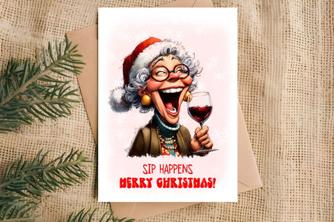 Christmas card design Funny elderly lady with wine glass PNG Sublimation Angelina Semenova 