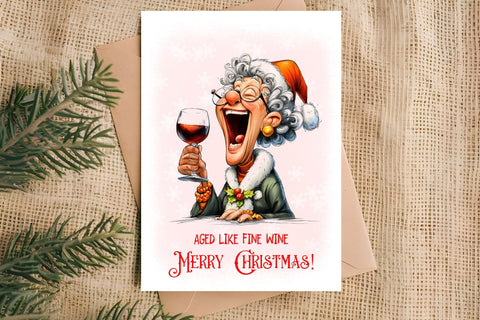 Christmas card design Funny elderly lady with wine glass PNG Sublimation Angelina Semenova 