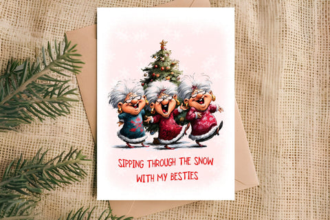 Christmas card design printable Elderly old ladies dancing Sublimation Angelina Semenova 