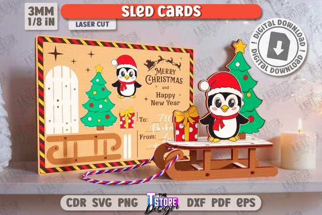 Christmas Card Laser Cut | Christmas Sleigh | Reindeer Sled | Santa's Sleigh | Greeting Card | CNC File SVG The T Store Design 