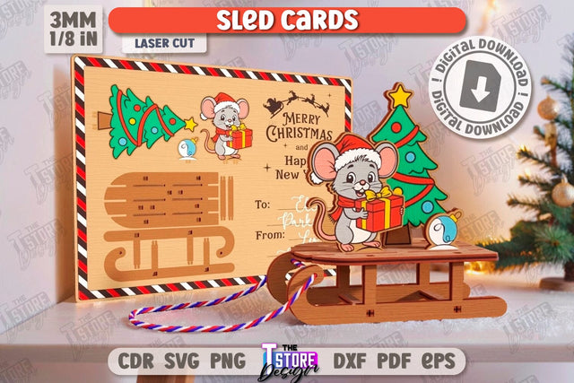 Christmas Card Laser Cut | Christmas Sleigh | Reindeer Sled | Santa's Sleigh | Greeting Card | CNC File SVG The T Store Design 