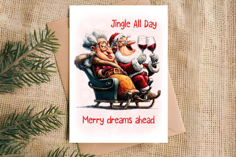 Christmas card printable Funny elderly lady with Santa Claus Sublimation Angelina Semenova 