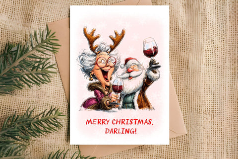 Christmas card printable Funny elderly lady with Santa Claus Sublimation Angelina Semenova 