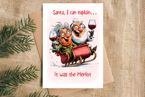Christmas card printable Funny elderly lady with Santa Claus Sublimation Angelina Semenova 