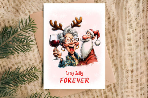 Christmas card printable Funny elderly lady with Santa Claus Sublimation Angelina Semenova 