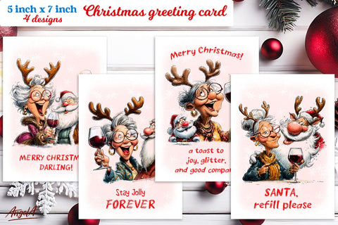 Christmas card printable Funny elderly lady with Santa Claus Sublimation Angelina Semenova 