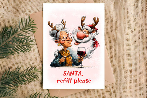 Christmas card printable Funny elderly lady with Santa Claus Sublimation Angelina Semenova 