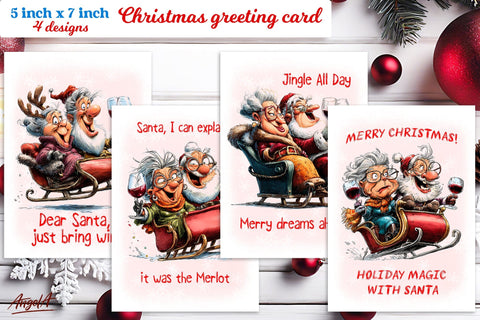 Christmas card printable Funny elderly lady with Santa Claus Sublimation Angelina Semenova 