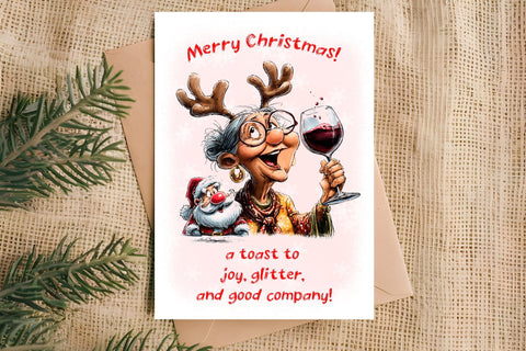 Christmas card printable Funny elderly lady with Santa Claus Sublimation Angelina Semenova 