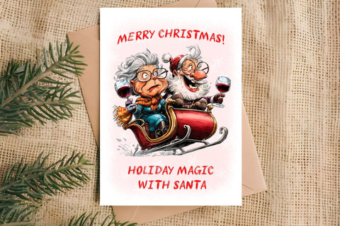 Christmas card printable Funny elderly lady with Santa Claus Sublimation Angelina Semenova 