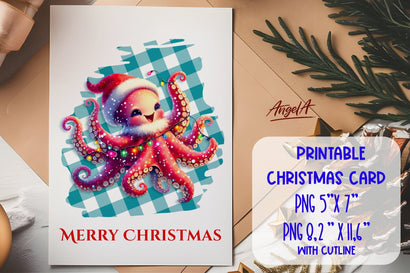 Christmas card template printable, cute octopus cartoon PNG Sublimation Angelina Semenova 