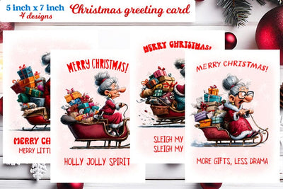 Christmas card templates Funny elderly lady in Santa sleight Sublimation Angelina Semenova 
