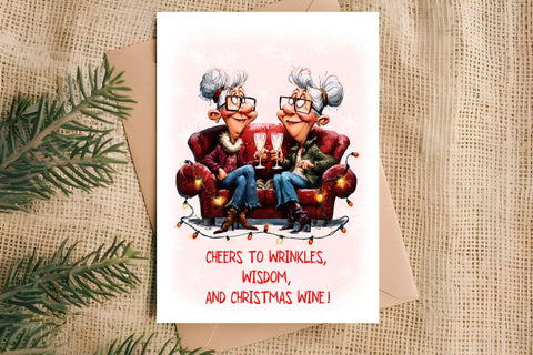 Christmas card templates Funny elderly woman and best friend Sublimation Angelina Semenova 
