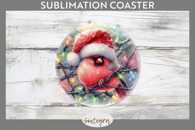 Christmas Cardinal Entangled in Lights Round Coaster Sublimation Sublimation Sintegra 