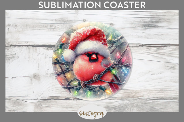 Christmas Cardinal Entangled in Lights Round Coaster Sublimation Sublimation Sintegra 