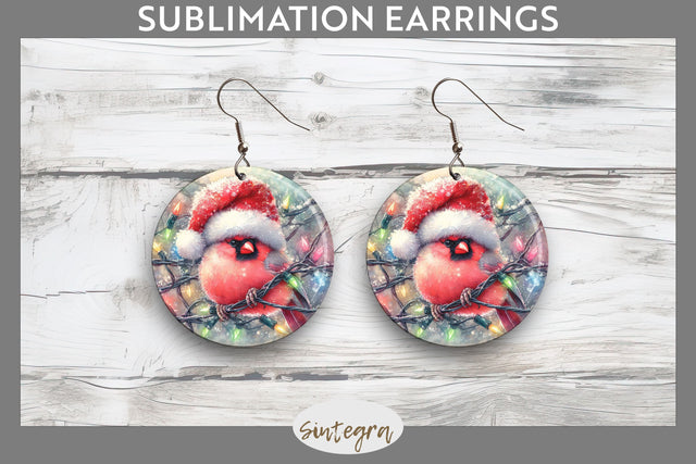 Christmas Cardinal Entangled in Lights Round Earrings Sublimation Sublimation Sintegra 
